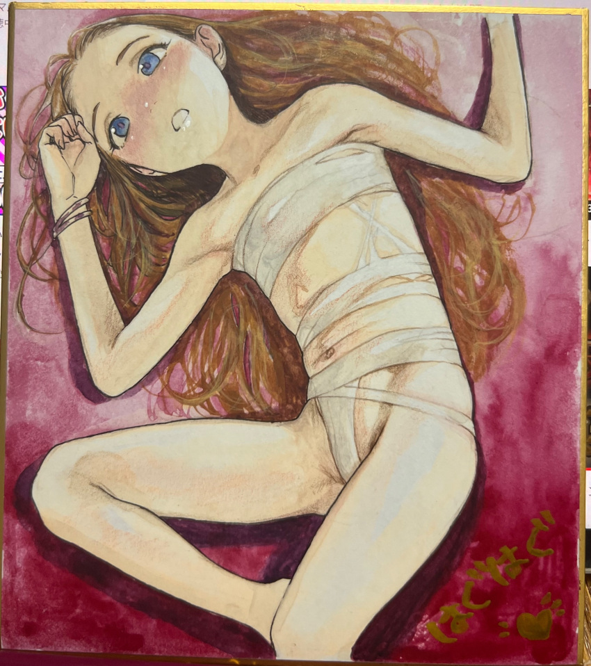 1girl blonde_hair blue_eyes blush bracelet colored_pencil_(medium) flat_chest foot_out_of_frame haguhagu_(rinjuu_circus) highres jewelry loincloth long_hair looking_at_viewer lying navel open_mouth original photo_(medium) sarashi sasha_(haguhagu) solo traditional_media