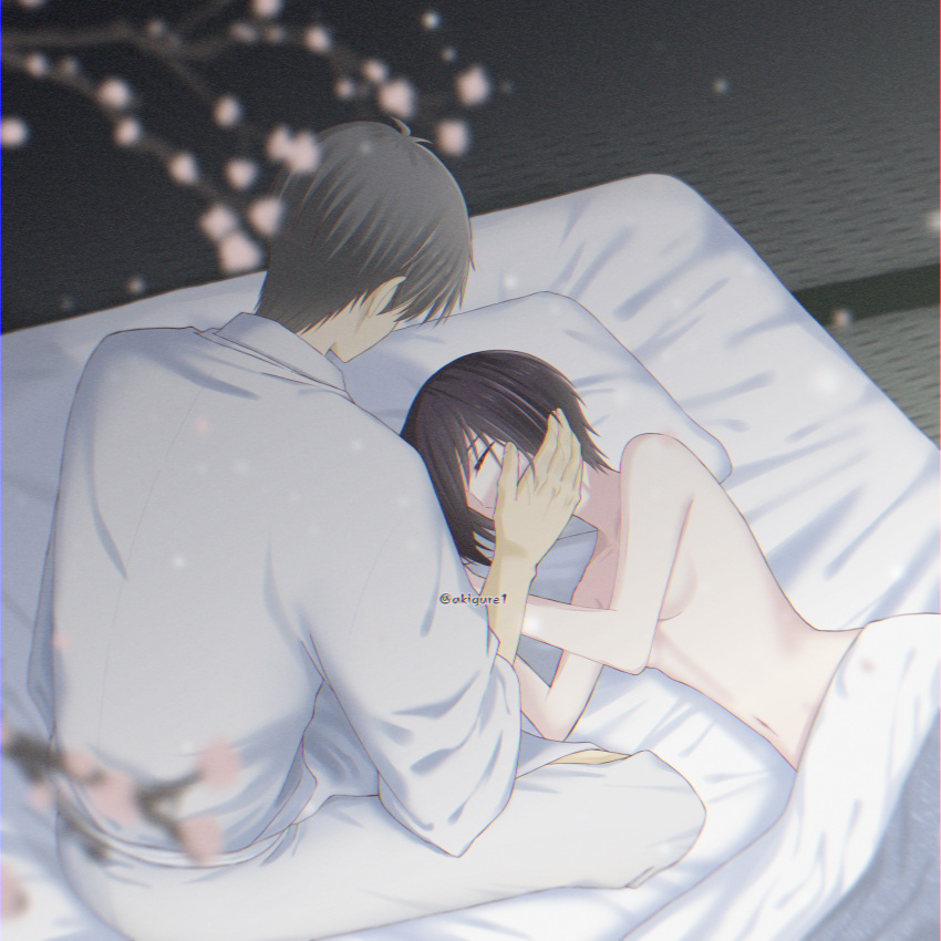 after_sex akigure1 bedroom breasts couple flat_chest fruits_basket highres nude sleeping small_breasts souma_akito souma_shigure tatami touching_another's_back