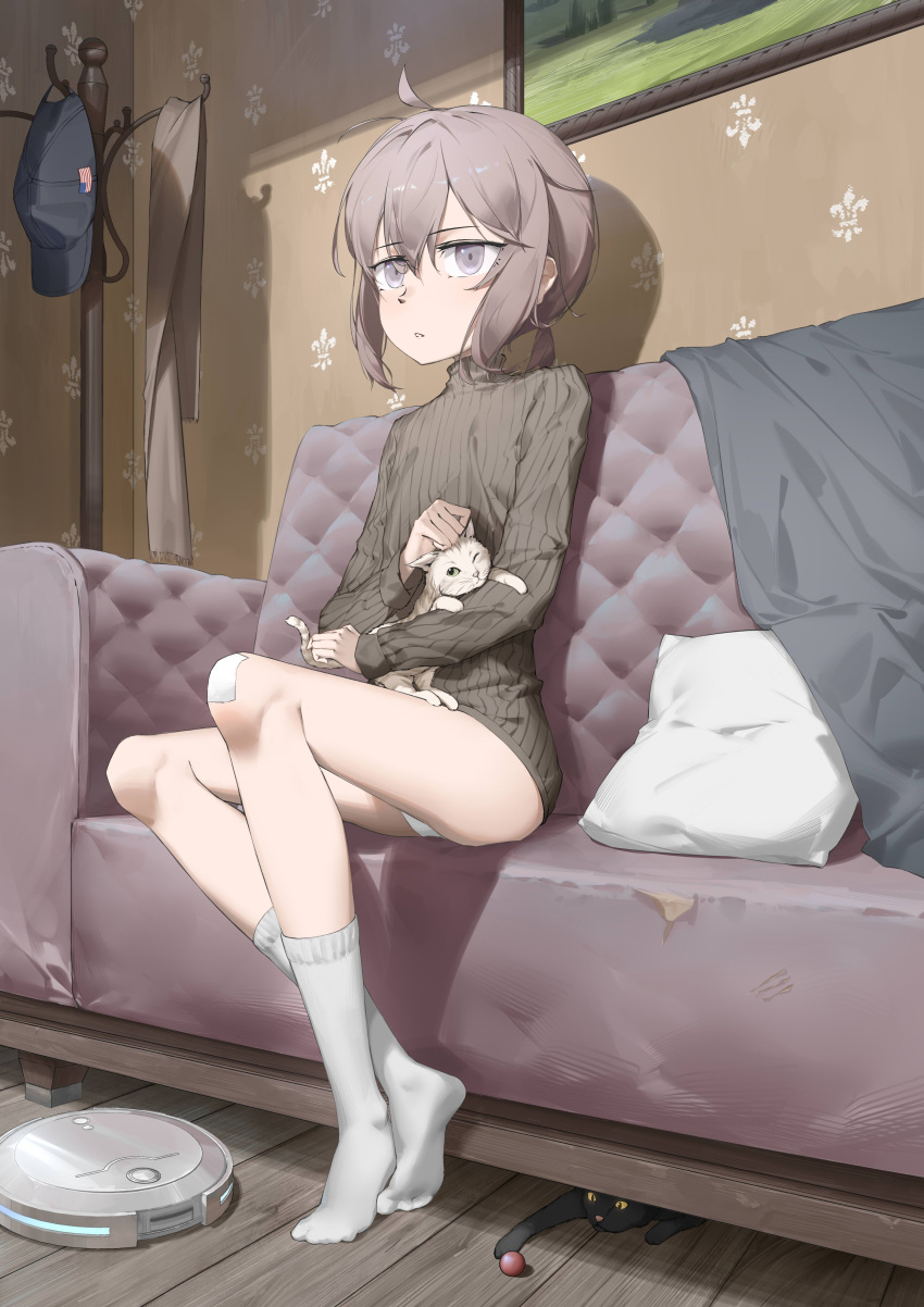 1girl absurdres animal baseball_cap black_cat black_headwear black_sweater brown_hair cat clothes_hanger commentary_request couch girls'_frontline grey_eyes hat hat_removed headwear_removed highres indoors looking_at_viewer low_ponytail m200_(girls'_frontline) no_pants on_couch panties parted_lips pillow ponytail ribbed_sweater roomba sidelocks sitting solo sweater tr07 turtleneck turtleneck_sweater underwear white_panties wooden_floor