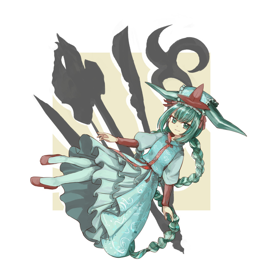 1girl absurdres anmita_(rarutos) aqua_dress aqua_eyes aqua_headwear aqua_pantyhose closed_mouth dress flat_chest frills garter_straps hat highres infinite_blade_pavilion long_hair long_sleeves original pantyhose shirt skirt smile solo touhou yasogami_shuu