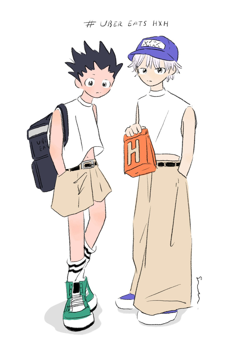 2boys alternate_costume backpack bag black_hair english_text full_body gon_freecss hands_in_pockets hat highres holding holding_bag hunter_x_hunter killua_zoldyck looking_at_viewer male_child male_focus multiple_boys paper_bag shirt short_hair shorts simple_background spiked_hair su_meshi8 white_background white_hair white_shirt