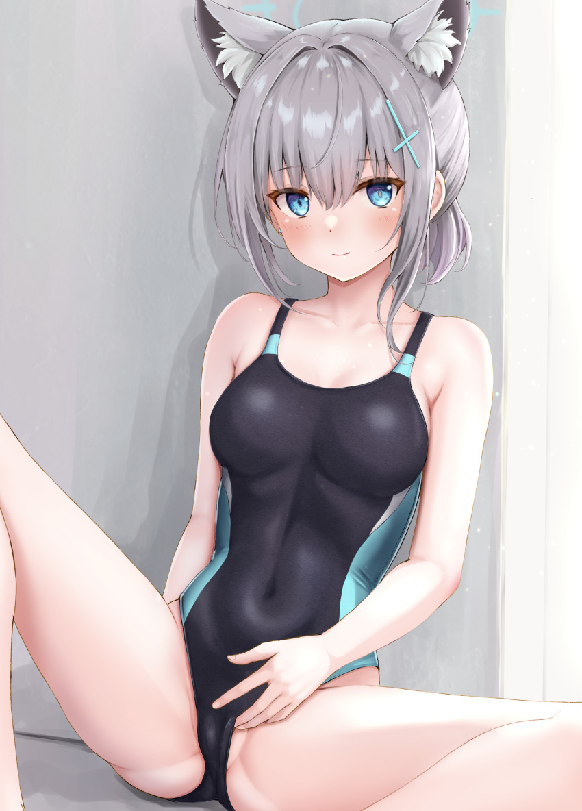 1girl absurdres animal_ear_fluff animal_ears aqua_eyes blue_archive blush breasts ca_paria clothing_aside collarbone competition_swimsuit covered_navel cross_hair_ornament extra_ears feet_out_of_frame grey_hair hair_ornament halo highres light_brown_hair looking_at_viewer medium_breasts mismatched_pupils official_alternate_costume one-piece_swimsuit shiroko_(blue_archive) shiroko_(swimsuit)_(blue_archive) short_ponytail sidelocks sitting solo spread_legs swimsuit swimsuit_aside two-tone_one-piece_swimsuit wolf_ears