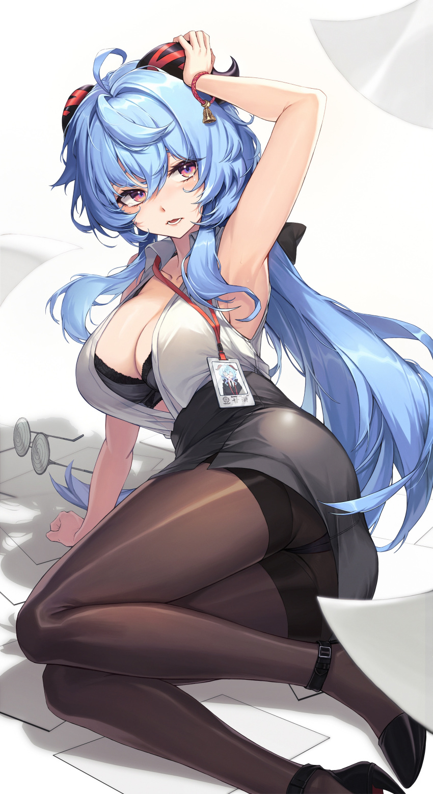 1girl @_@ absurdres ahoge alternate_costume ankle_strap armpits ass bell black_bra black_footwear black_panties blue_hair bow bra bra_peek breasts cleavage collarbone collared_shirt commentary flying_paper ganyu_(genshin_impact) genshin_impact glasses hair_between_eyes hair_bow hair_intakes hand_on_own_head high-waist_skirt high_heels highres horns id_card lace-trimmed_bra lace_trim lanyard large_breasts light_blush long_hair looking_at_object lying office_lady on_side open_mouth panties panties_under_pantyhose pantyhose pantyshot paper pencil_skirt purple_eyes see-through shirt shirt_tucked_in sideboob sidelocks single_horn skirt sleeveless sleeveless_shirt solo sunnillust symbol-only_commentary tented_shirt thighband_pantyhose tripped unbuttoned underwear white_shirt wristband