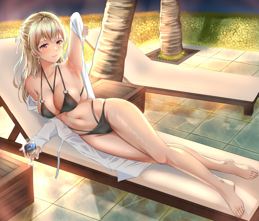 1girl absurdres arm_up armpit_crease armpits backlighting bang_dream! bare_legs bare_shoulders barefoot between_breasts bikini black_bikini blonde_hair blush breasts chair cleavage collarbone commentary crossed_bangs cup drink drinking_glass earrings full_body furiousghafo glint groin hair_between_eyes hair_ribbon half_updo halterneck hedge highres holding holding_cup jewelry large_breasts long_hair long_sleeves looking_at_viewer lounge_chair lying multi-strapped_bikini navel night o-ring o-ring_bikini o-ring_top off_shoulder on_side open_clothes open_shirt outdoors parted_lips pink_eyes ribbon shirasagi_chisato shirt solo stomach swimsuit swimsuit_cover-up tile_floor tiles tree white_ribbon white_shirt