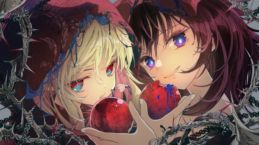 2girls apple blonde_hair britney_(dark_tales) brown_hair chain dark_tales fingernails food food_bite fruit highres holding holding_food holding_fruit hood hood_up long_hair looking_at_viewer multiple_girls parted_lips portrait purple_eyes red_apple red_eyes red_hood shirayuki_yuri smile sumi_keiichi thorns