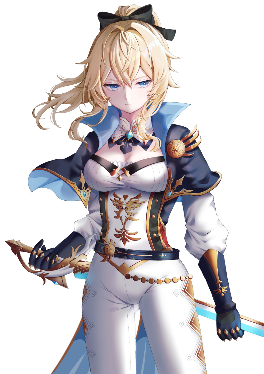 1girl absurdres blonde_hair blue_capelet blue_eyes bow breasts capelet cleavage closed_mouth coattails commentary detached_collar favonius_sword_(genshin_impact) gauntlets genshin_impact hair_between_eyes hair_bow highres holding holding_sword holding_weapon jean_(genshin_impact) large_breasts long_sleeves looking_to_the_side mochi_mochi052 multicolored_capelet pants ponytail serious shirt sidelocks solo strapless strapless_shirt sword tight_clothes tight_pants weapon white_background white_pants white_shirt