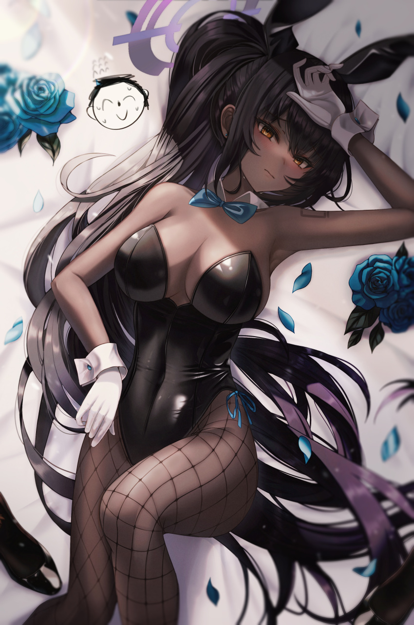 1girl absurdres arm_up armpits bare_arms bare_shoulders black_hair black_leotard blue_archive blue_flower bow bowtie breasts cleavage closed_mouth covered_navel dark-skinned_female dark_skin detached_collar fishnet_pantyhose fishnets flower frown gloves halo highleg highleg_leotard highres karin_(blue_archive) karin_(bunny)_(blue_archive) large_breasts leotard long_hair looking_at_viewer lying official_alternate_costume on_back orange_eyes pantyhose petals playboy_bunny ponytail rose side-tie_leotard solo starlip strapless strapless_leotard sweat thighs very_long_hair white_gloves wrist_cuffs