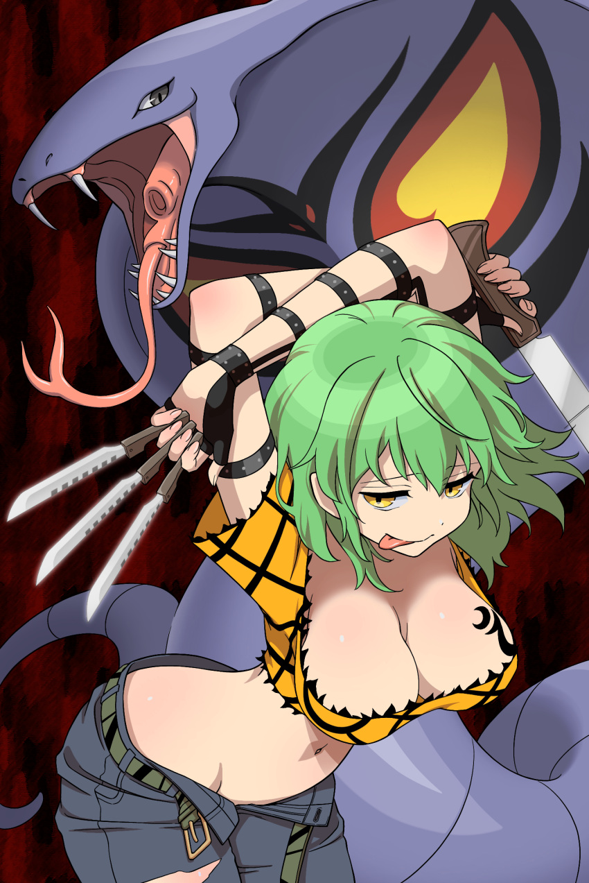 1girl :q arbok arms_up belt black_gloves blush body_blush breast_tattoo breasts cleavage cobra_(animal) combat_knife commission crop_top crossover denim elbow_gloves fangs fingerless_gloves forked_tongue gloves green_hair groin highres hikage_(senran_kagura) holding holding_knife holding_weapon jeans knife knives_between_fingers large_breasts looking_at_viewer machete messy_hair midriff navel open_belt open_mouth pants pokemon pokemon_(creature) pokemon_(game) pokemon_rgby risapaso senran_kagura senran_kagura_shoujo-tachi_no_shin'ei shiny_skin short_hair short_sleeves skeb_commission slit_pupils smile snake snake_print solo tattoo tongue tongue_out torn_clothes torn_jeans torn_pants weapon yellow_eyes