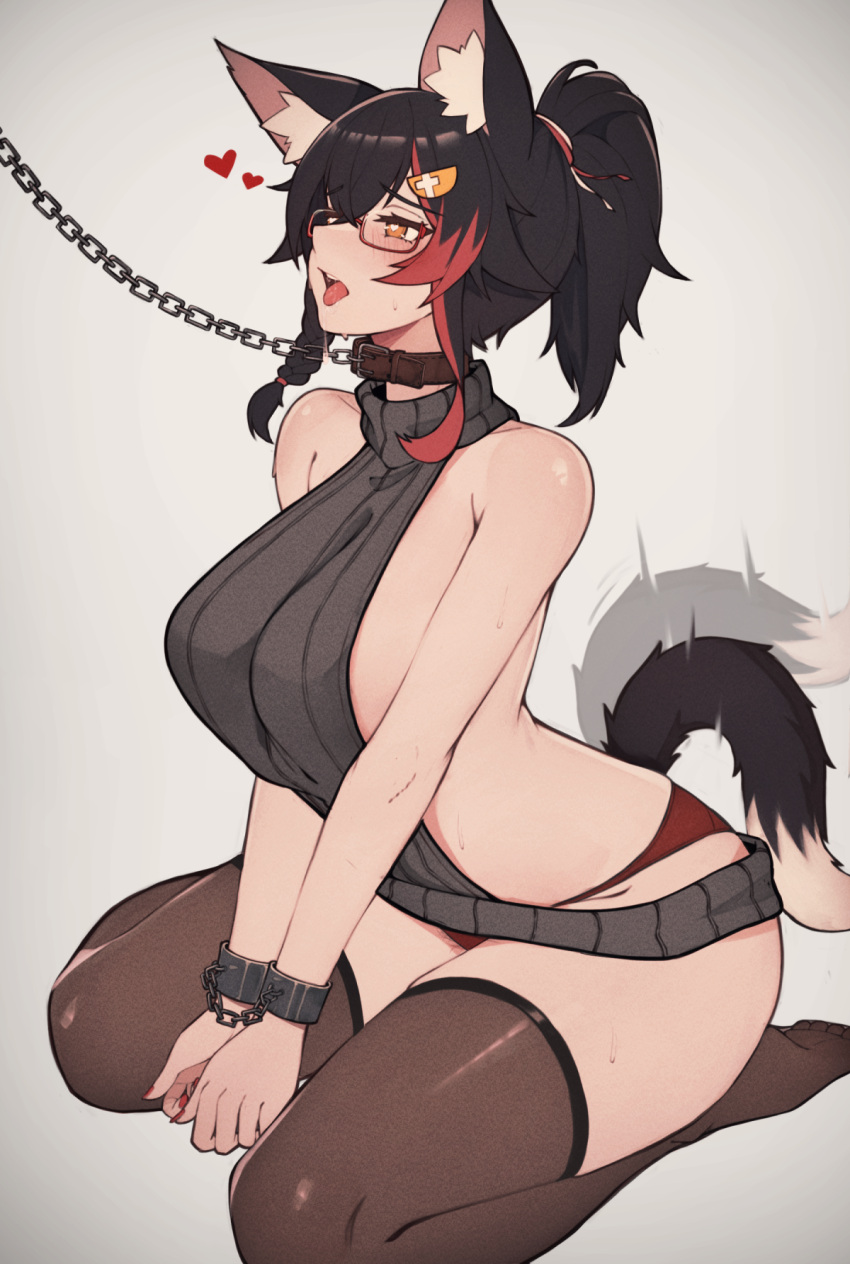 1girl animal_ear_fluff animal_ears black_collar black_hair blush breasts collar cuffs hair_between_eyes hair_ornament handcuffs highres hololive large_breasts leash multicolored_hair ookami_mio red_hair simple_background smile solo streaked_hair tail tail_wagging variant_set varniskarnis virtual_youtuber wolf_ears wolf_girl wolf_tail