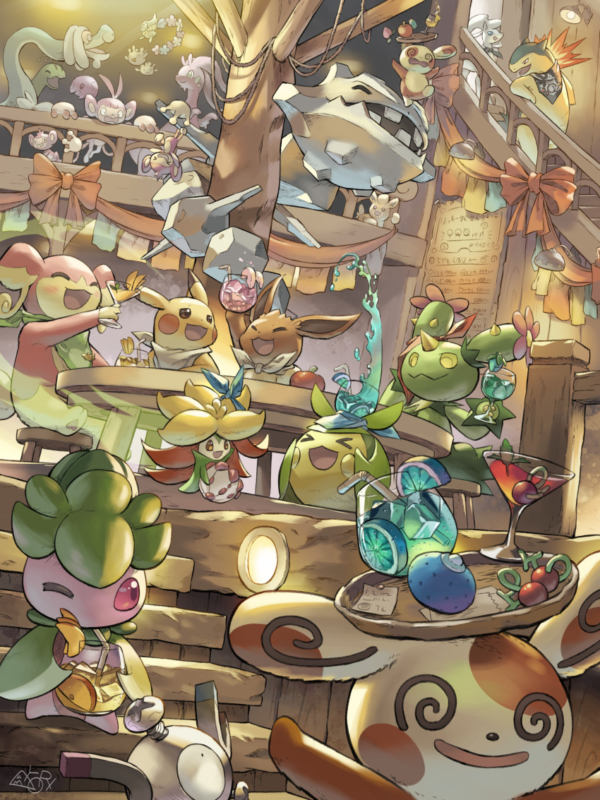 absurdres aipom ambipom apple audino berry_(pokemon) blue_scarf comfey cup drampa drink eevee fomantis food fruit fushigi_no_dungeon goodra gossifleur green_scarf hakkentai_pokedan happy highres holding holding_cup holding_food indoors lemon lemon_slice magnemite maractus meganium munna ninetales pikachu pokemon pokemon_(game) pokemon_mystery_dungeon red_scarf scarf signature spinda stairs steelix swadloon table tavern typhlosion white_scarf wooden_chair wooden_table wooden_tray wooden_wall