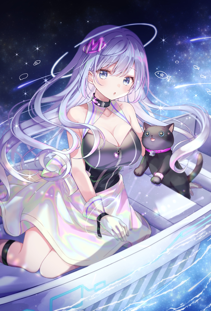 1girl :o absurdres bare_arms bare_shoulders blue_eyes blue_hair boat breasts cat cleavage collarbone dress emori_miku gloves gomano_rio hair_between_eyes hair_ornament halo highres jewelry large_breasts letter_hair_ornament liver_city long_hair looking_at_viewer neck_ring official_art open_mouth outdoors sitting very_long_hair water watercraft white_gloves