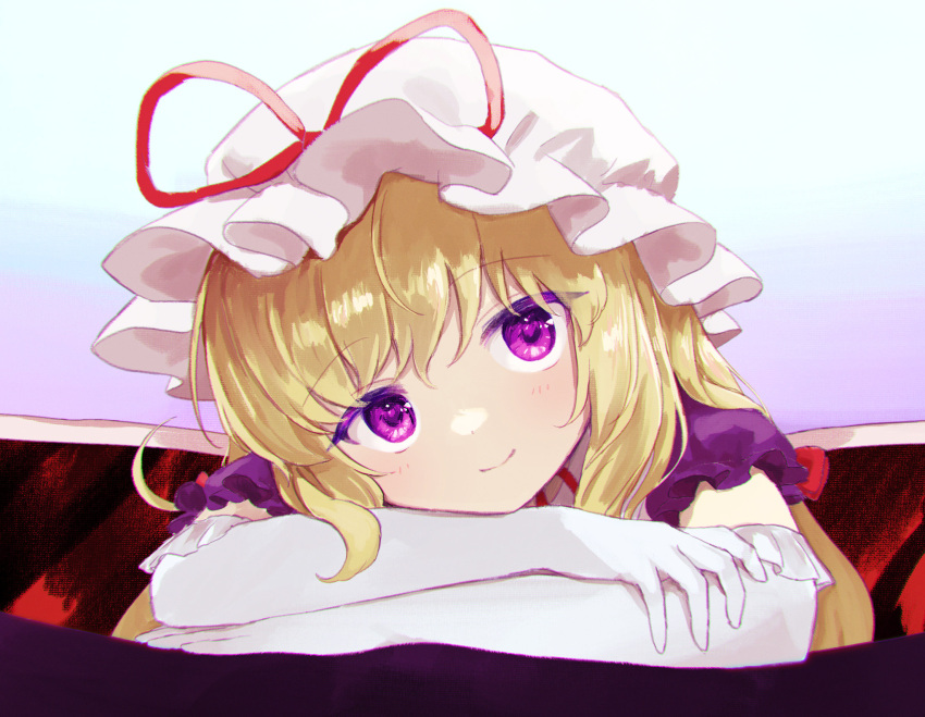 144udy 1girl blonde_hair dress elbow_gloves frills from_above gloves hat hat_ribbon head_rest head_tilt highres light_blush long_hair looking_at_viewer mob_cap puffy_short_sleeves puffy_sleeves purple_dress purple_eyes red_ribbon ribbon short_sleeves smile solo touhou upper_body wall white_gloves wooden_floor yakumo_yukari