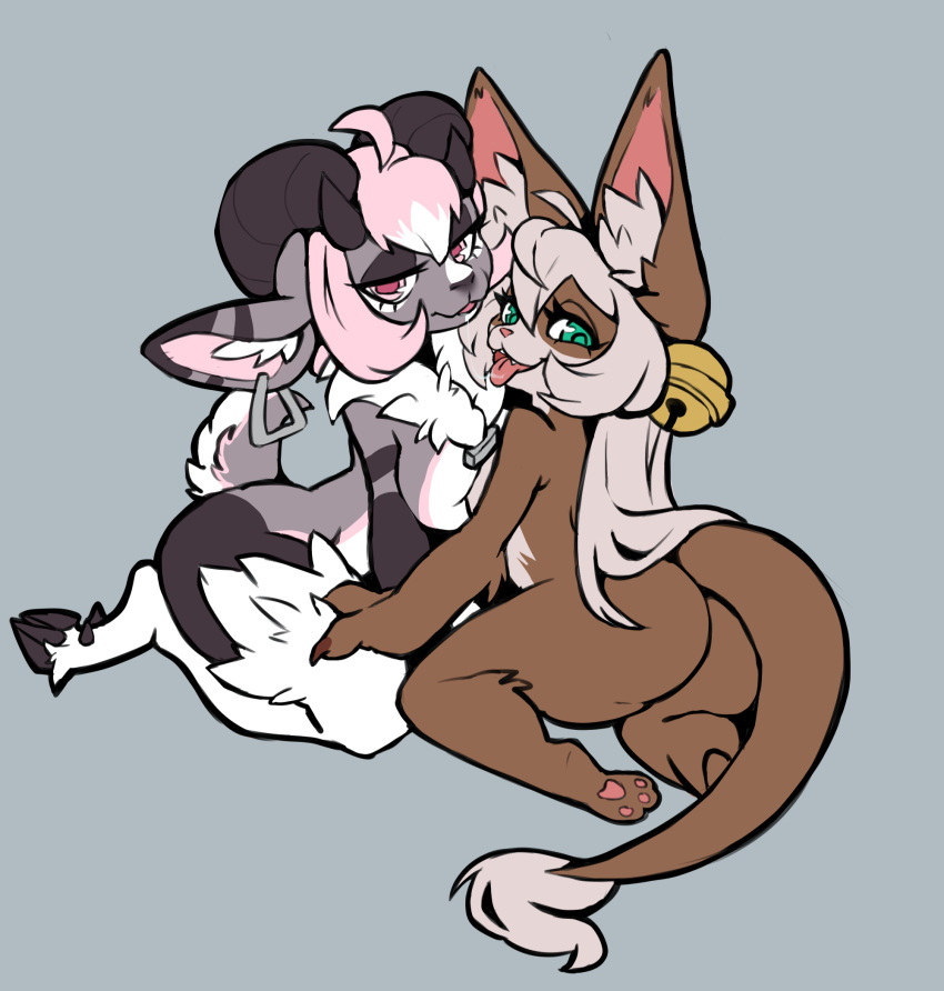 after_kiss anthro bovid brown_body brown_fur caprine dragon duo ear_bell eastern_dragon female female/female fur fur_markings fursy_(character) goat hi_res hooves horn imako-chan inner_ear_fluff mammal markings neck_tuft pawpads sinnow_(imako-chan) tail tail_tuft thick_thighs tuft