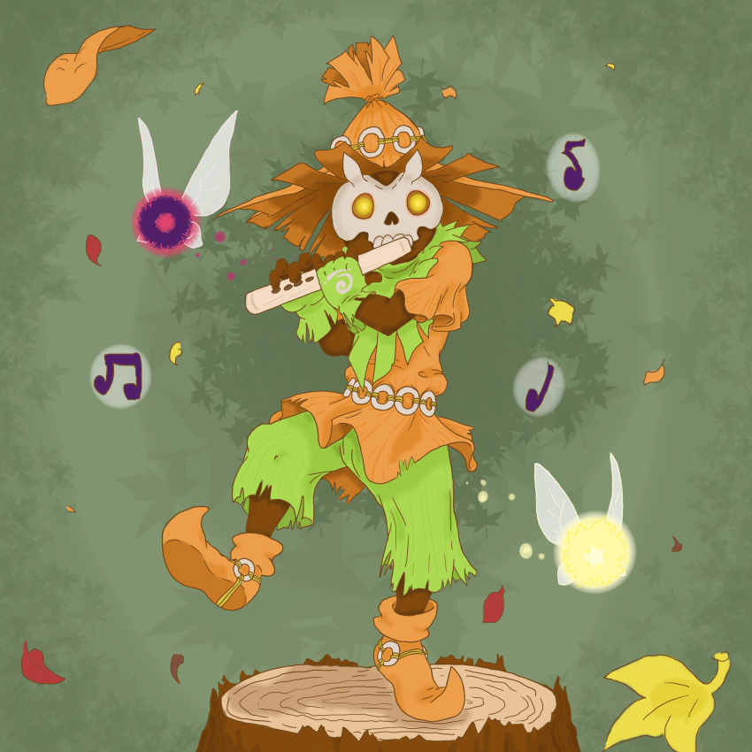 1boy absurdres brown_footwear changelingstudios fairy fingerless_gloves flute forest full_body gloves green_gloves hat highres holding holding_instrument instrument leaf mask music musical_note nature playing_flute playing_instrument short_sleeves skull_kid skull_mask tael tatl the_legend_of_zelda the_legend_of_zelda:_majora's_mask tree