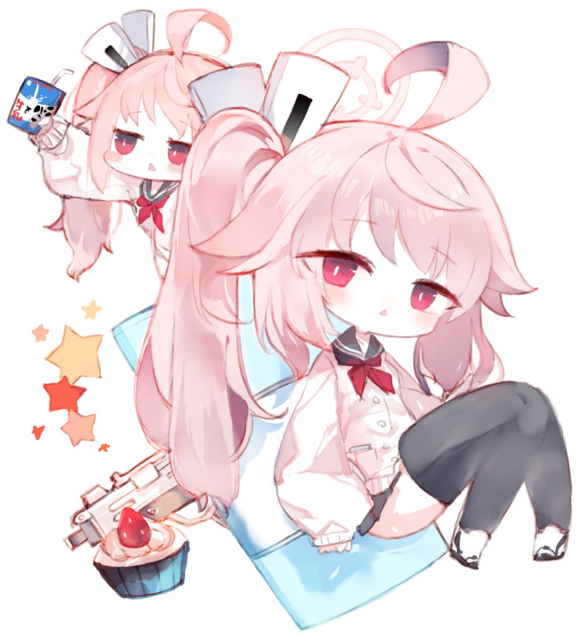 1girl :&lt; ahoge bendy_straw black_sailor_collar black_skirt black_thighhighs blue_archive blush boots chibi commentary_request cupcake drinking_straw drum_(container) food halo holding kotatu_(akaki01aoki00) long_hair long_sleeves micro_uzi milk_carton multiple_views natsu_(blue_archive) neckerchief parted_lips pink_hair pleated_skirt puffy_long_sleeves puffy_sleeves red_eyes red_neckerchief sailor_collar shirt side_ponytail simple_background skirt sleeves_past_wrists star_(symbol) thighhighs triangle_mouth very_long_hair white_background white_footwear white_shirt