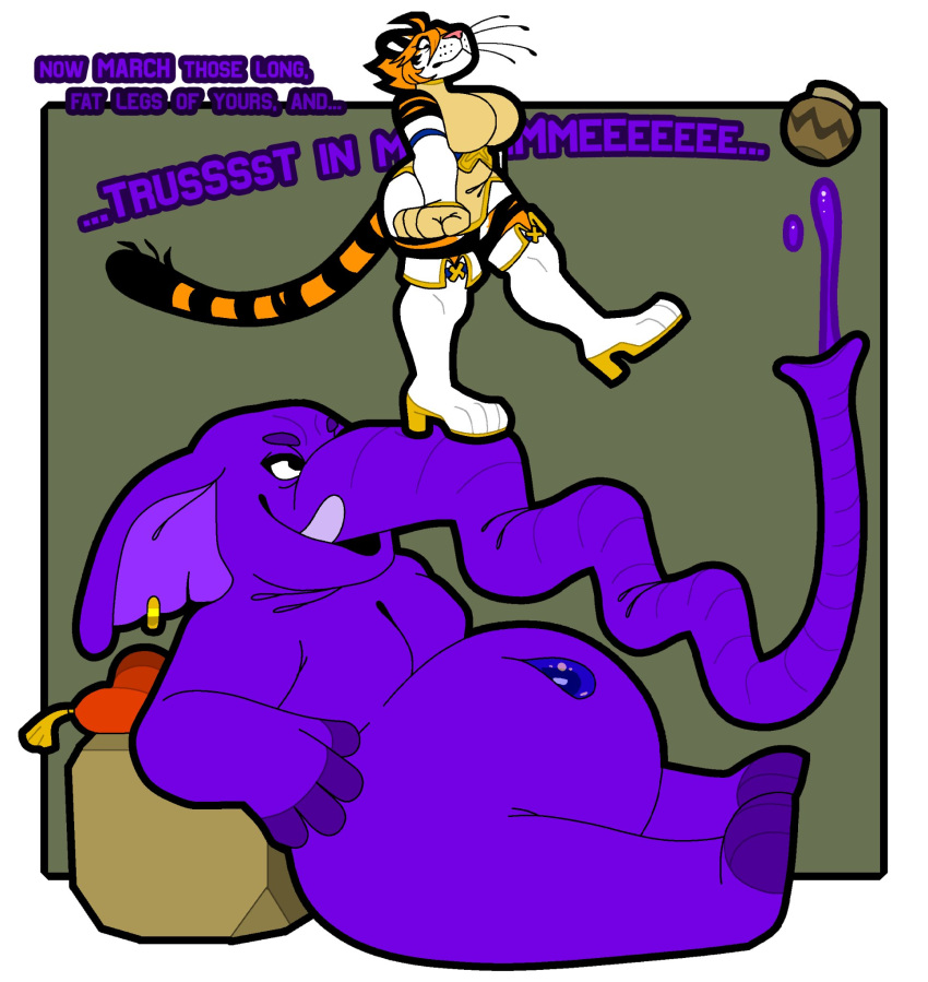 anthro big_breasts big_ears boots breasts clothing duo elephant elephantid felid female footwear hi_res hypnofood lounging mammal overweight overweight_anthro pantherine proboscidean proboscis_(anatomy) purple_body questionable_consent sascha_(hypnofood) stripes tiger trunk_(anatomy)
