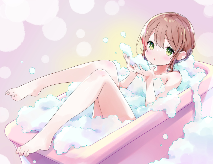 1girl amimi bathing bathtub blowing brown_hair collarbone commission completely_nude eyelashes feet foam full_body green_eyes hair_between_eyes hands_up highres legs legs_up light_blush lying multicolored_background nude on_back open_mouth original partially_submerged pink_background sidelocks skeb_commission solo straight_hair swept_bangs toes
