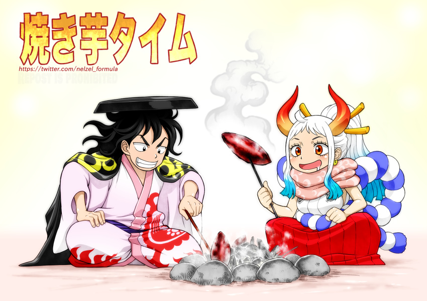 1boy 1girl artist_name black_hair crossed_legs earrings food full_body hair_ornament horns japanese_clothes jewelry long_hair momonosuke_(one_piece) multicolored_hair nel-zel_formula one_piece oni oni_horns scarf sitting smile sweet_potato teeth traditional_clothes web_address yamato_(one_piece)