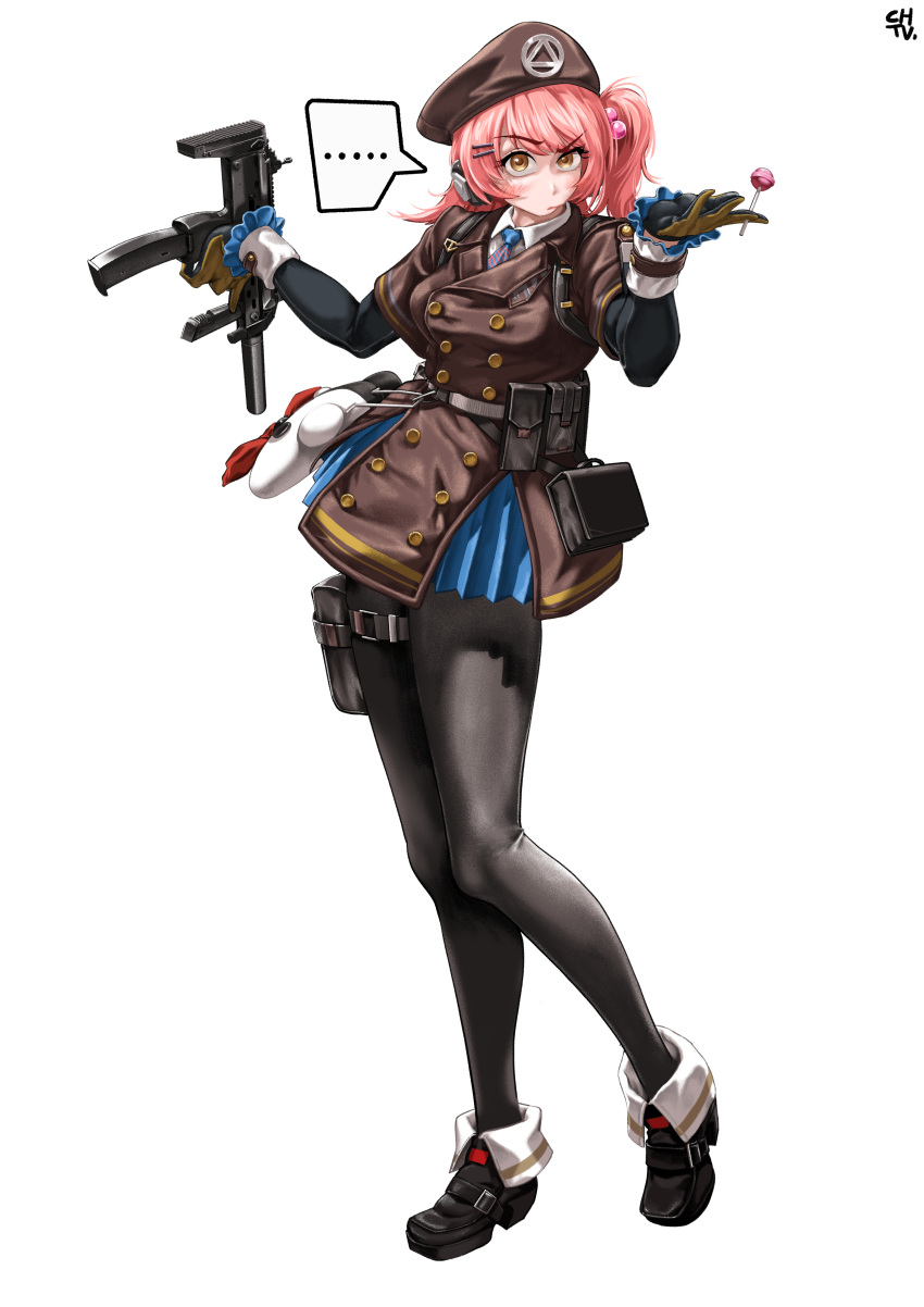... 1girl absurdres ammunition_pouch artist_name beret black_footwear black_gloves black_pantyhose blush boots brown_gloves brown_headwear brown_jacket candy chtv food full_body girls'_frontline girls'_frontline_2:_exilium gloves gun h&amp;k_mp7 hair_ornament hairclip hat highres holding holding_candy holding_food holding_weapon jacket lollipop looking_at_viewer mp7_(girls'_frontline) one_side_up pantyhose pink_hair pouch solo speech_bubble submachine_gun two-tone_gloves weapon white_background yellow_eyes
