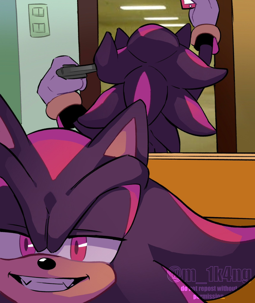 1boy backrooms_(creepypasta) cellphone clenched_teeth commentary derivative_work english_commentary furry furry_male gloves gun gun_to_head highres holding holding_gun holding_phone holding_weapon m_1k4ng male_focus mirror phone red_eyes reflection selfie shadow_the_hedgehog smartphone smile solo sonic_(series) teeth weapon white_gloves