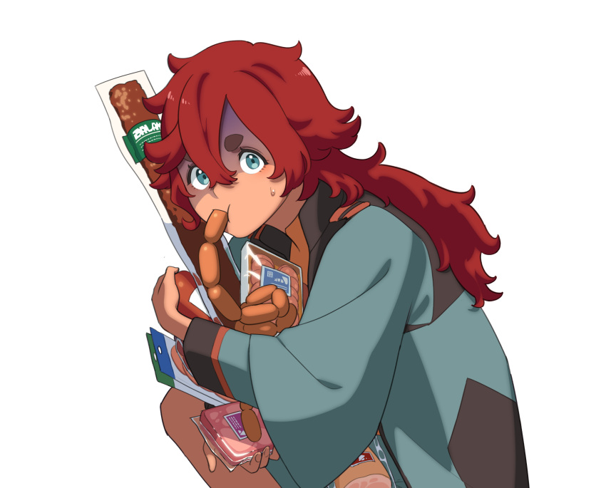 1girl asticassia_school_uniform bacon dark_skin food food_in_mouth gundam gundam_suisei_no_majo hair_down ham highres holding holding_food linked_sausages long_hair looking_at_viewer red_hair school_uniform solo suletta_mercury sun_4x3 thick_eyebrows upper_body white_background