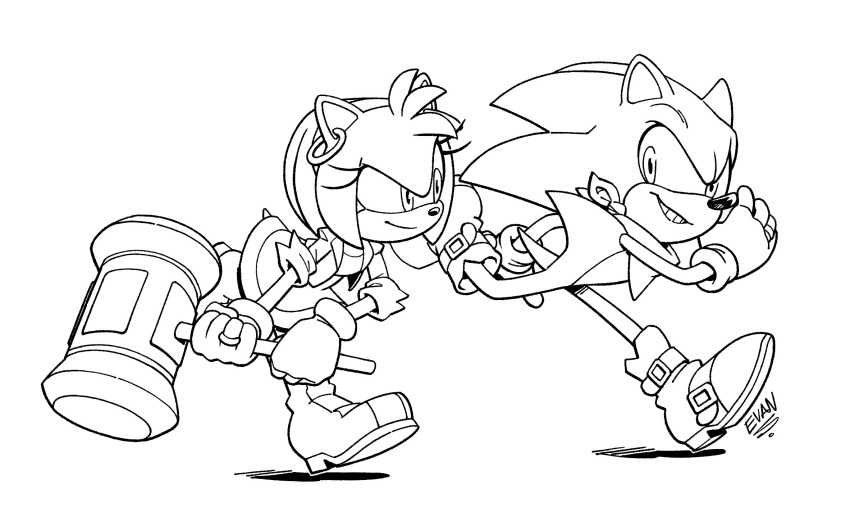 amy_rose anthro boots clothing digit_ring duo ear_piercing eulipotyphlan evan_stanley female footwear hammer hedgehog hi_res husband_and_wife jewelry male male/female mammal married_couple neckerchief outline piercing ring sega sonic_the_hedgehog sonic_the_hedgehog_(series) tools wedding_ring