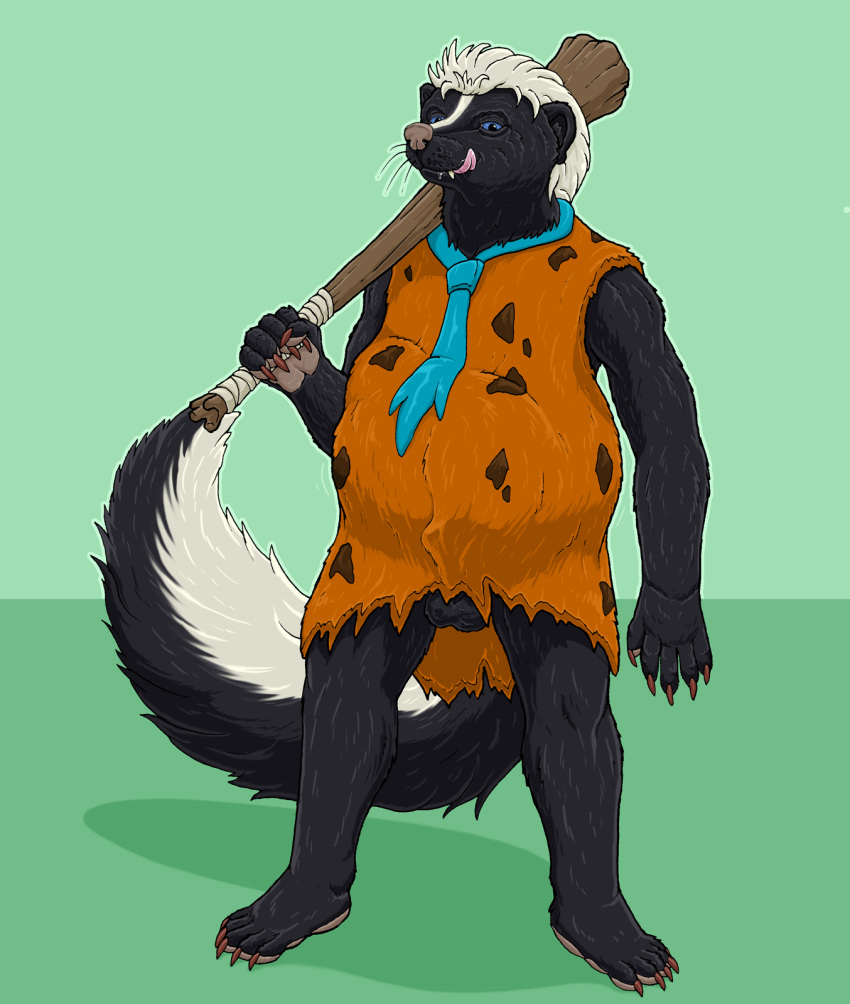 2023 anthro anthro_pred balls biped black_body black_fur bloated blue_eyes bottomless bulge clothed clothing club_(weapon) costume fully_inside fur genital_outline genitals green_background hair hi_res licking licking_lips male male_pred mammal melee_weapon mephitid necktie penis_outline simple_background skunk solo strega striped_body striped_fur striper_(strega) stripes tongue tongue_out vore weapon white_hair