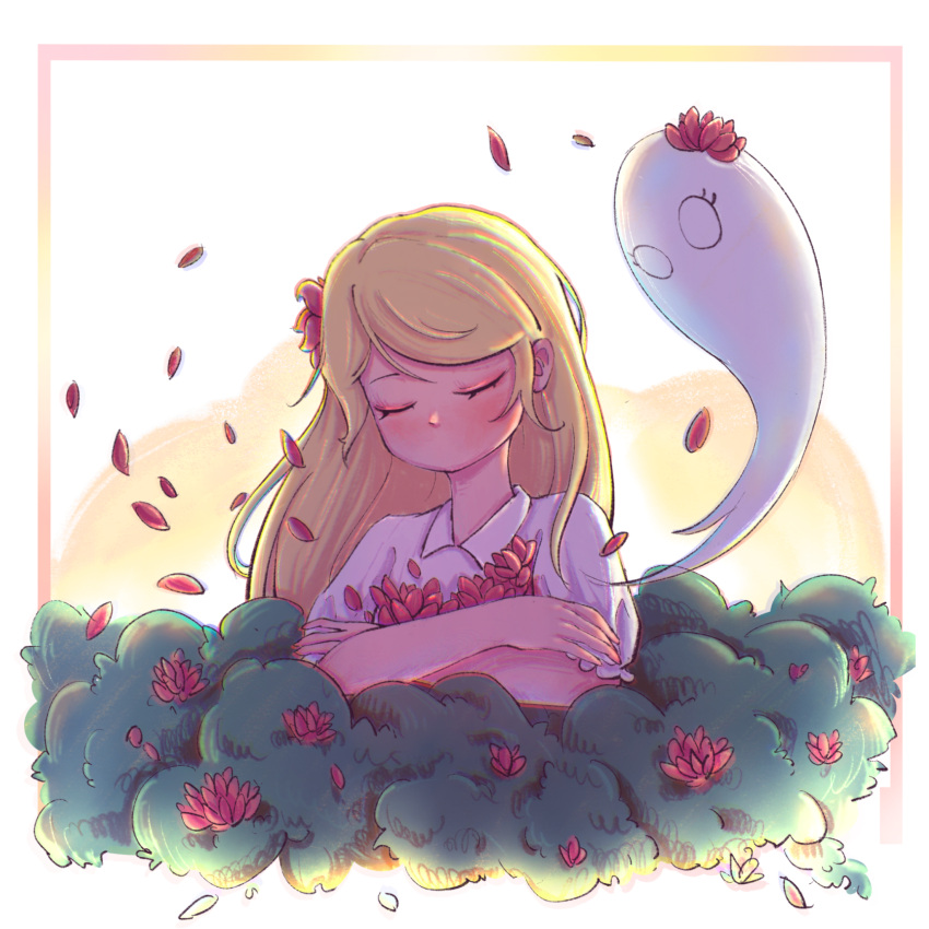 1girl abigail_(don't_starve) blonde_hair closed_eyes don't_starve dress flower ghost hair_flower hair_ornament highres long_hair madeline1224 no_mouth petals red_flower solo swept_bangs wendy_(don't_starve) white_dress