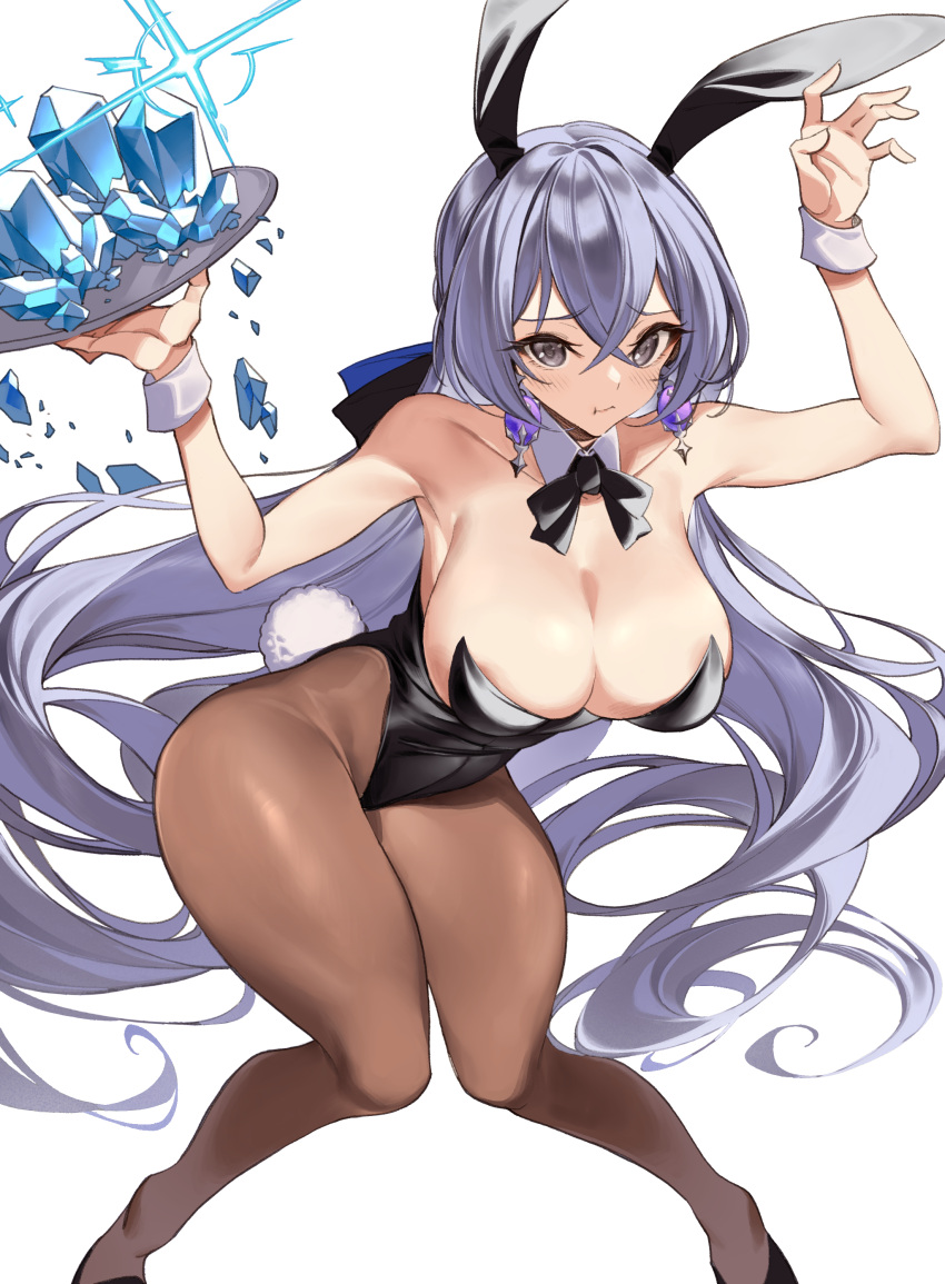 1girl :t absurdres alternate_costume animal_ears arms_up bare_arms bare_shoulders black_bow black_bowtie black_leotard bow bowtie breasts bronya_rand brown_pantyhose cleavage commentary crystal detached_collar earrings fake_animal_ears fake_tail feet_out_of_frame fish_bread grey_eyes grey_hair highres holding holding_tray honkai:_star_rail honkai_(series) jewelry large_breasts leotard long_hair looking_at_viewer pantyhose playboy_bunny rabbit_ears rabbit_tail simple_background solo strapless strapless_leotard tail tray very_long_hair white_background wrist_cuffs
