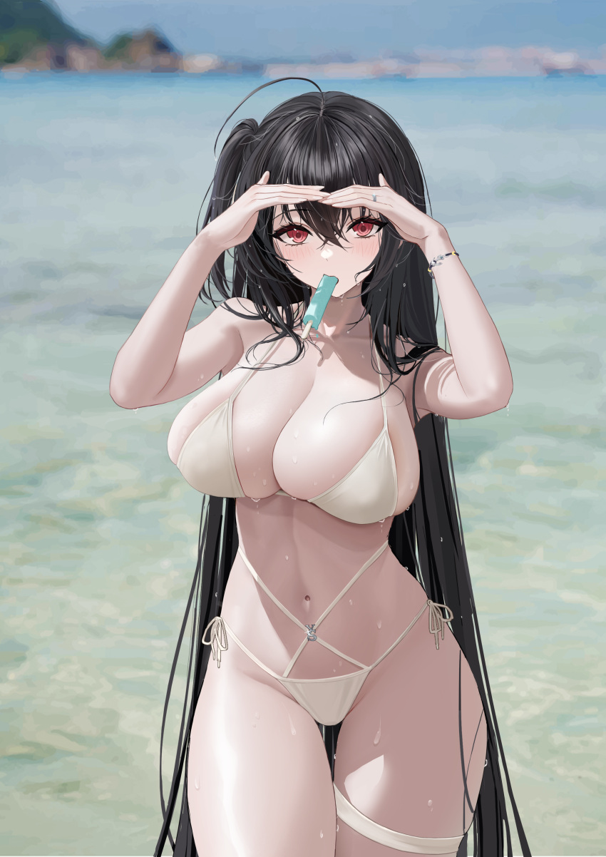 1girl absurdres ahoge awwwwys azur_lane beach bikini black_hair blurry blurry_background bracelet breasts cleavage collarbone contrapposto cowboy_shot criss-cross_straps crossed_bangs curvy food_in_mouth hair_between_eyes hands_up highres huge_breasts jewelry light_blush long_hair looking_at_viewer navel ocean official_alternate_costume one_side_up outdoors popsicle_in_mouth red_eyes ring shading_eyes side-tie_bikini_bottom skindentation solo stomach string_bikini swimsuit taihou_(azur_lane) taihou_(seaside_daydreams)_(azur_lane) thigh_gap thigh_strap thighs very_long_hair wet wet_bikini white_bikini wide_hips