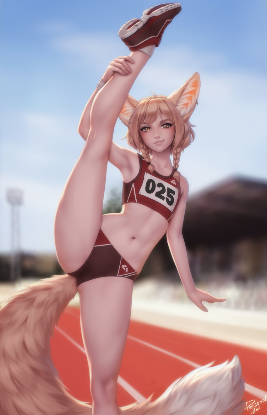 absurd_res animal_ears animal_humanoid athletic athletic_female canid canine clothed clothing felid felid_humanoid female footwear fox hi_res humanoid khiara_(personalami) mammal mammal_humanoid number_on_clothing numbered_tag personalami shoes solo stretching tight_clothing track_and_field