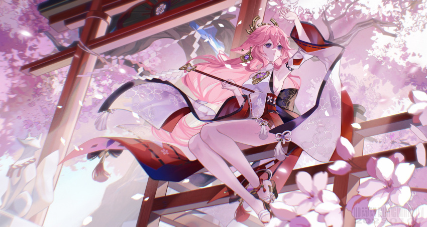 1girl absurdres animal_ears anklet arm_up breasts cherry_blossoms closed_mouth commentary_request expressionless floppy_ears floral_print flower fox_ears fox_statue full_body genshin_impact gohei highres holding holding_gohei japanese_clothes jewelry long_hair nontraditional_miko outdoors pink_flower pink_hair purple_eyes red_skirt ribbon-trimmed_sleeves ribbon_trim rope sandals shide shimenawa sideboob sitting skirt solo tassel torii tree watermark white_sleeves wide_sleeves xianyu_guguzi yae_miko