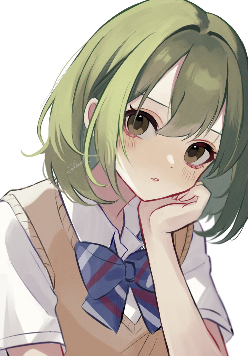 1girl blush bow bowtie diagonal-striped_bow diagonal-striped_bowtie diagonal_stripes green_eyes green_hair hand_on_own_cheek hand_on_own_face head_rest highres idolmaster idolmaster_shiny_colors looking_at_viewer nanakusa_nichika school_uniform shirt short_sleeves shu10 simple_background solo striped upper_body vest white_background white_shirt yellow_vest