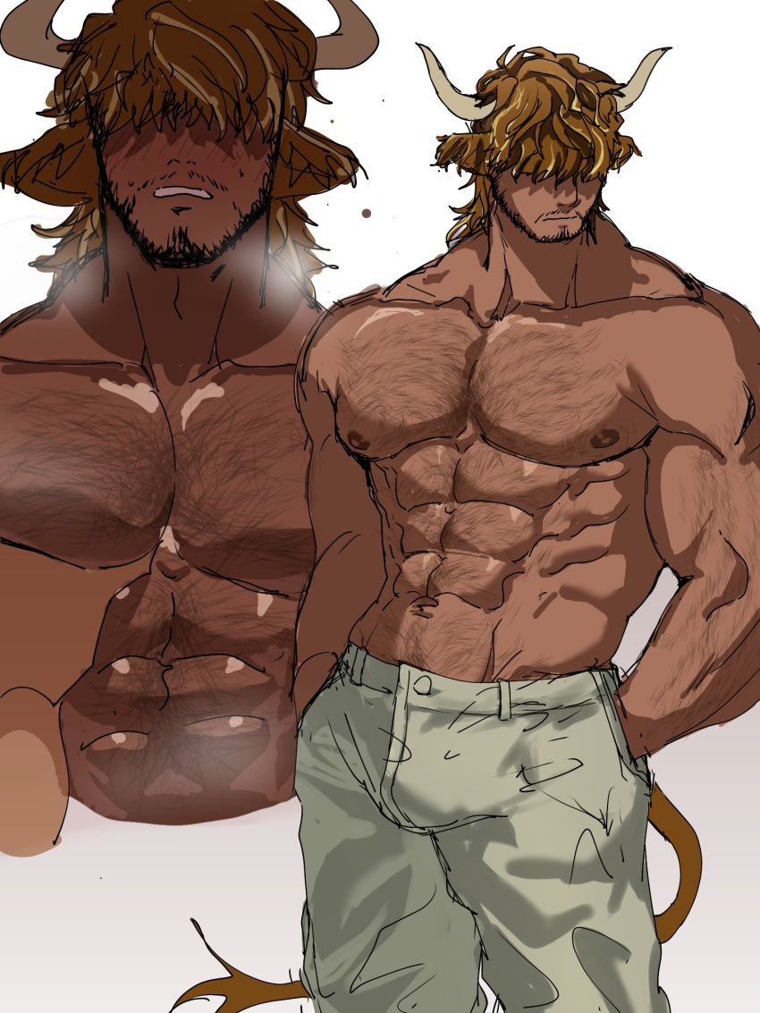 2boys abs animal_ears arm_hair averting_eyes bara beard_stubble blonde_hair breath chest_hair cow_boy cow_ears cow_horns cow_tail dark-skinned_male dark_skin grabbing hair_over_eyes hairy hands_in_pockets highres horns karf large_pectorals male_focus mature_male medium_hair multiple_boys multiple_views muscular muscular_male mustache_stubble navel navel_hair nipples original pectoral_grab pectorals pov pov_hands sanpaku short_hair stomach tail thick_eyebrows topless_male