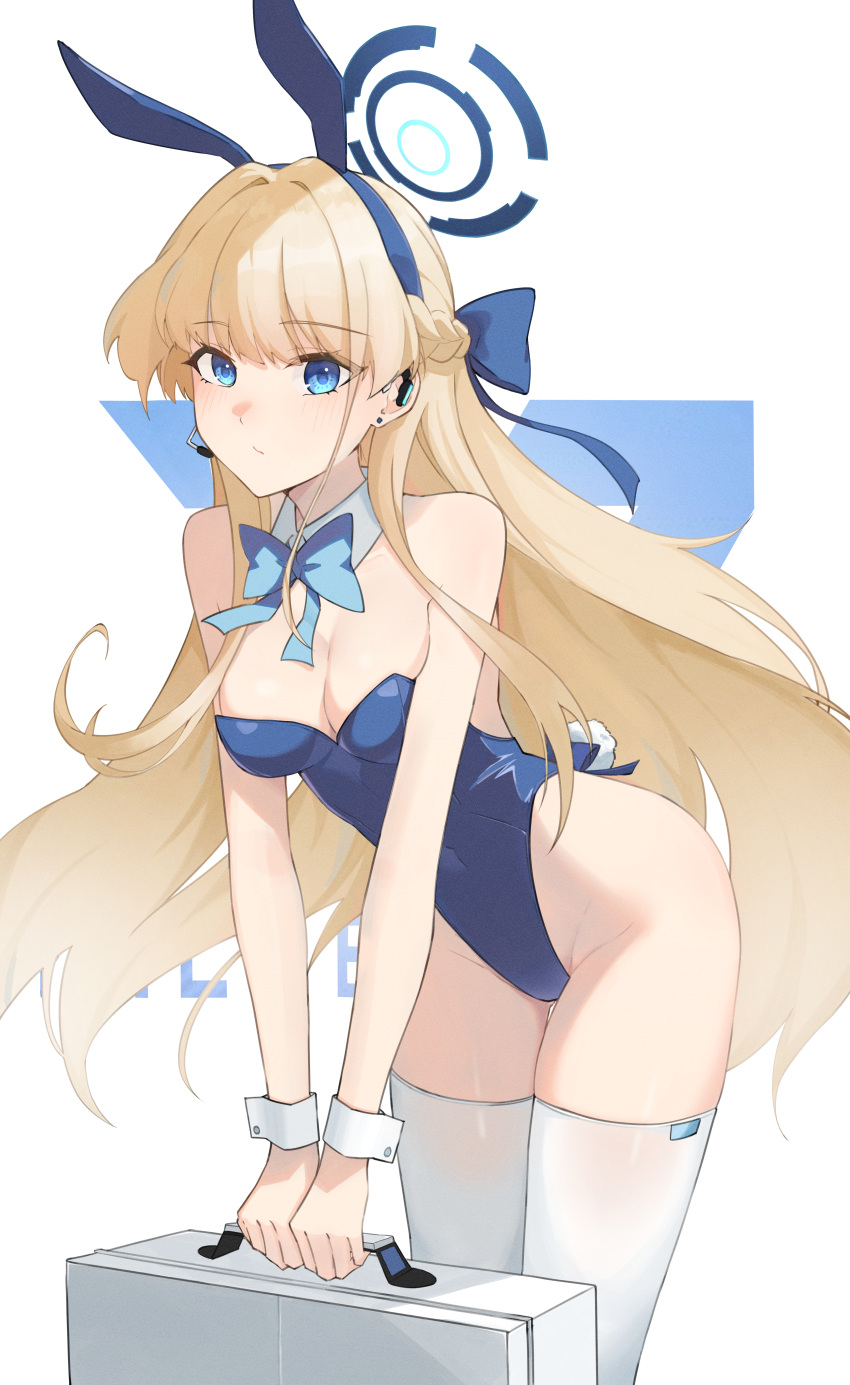 1girl absurdres animal_ears aozora_1051 aqua_bow aqua_bowtie bare_shoulders blonde_hair blue_archive blue_bow blue_eyes blue_leotard blush bow bowtie braid breasts briefcase cleavage closed_mouth commentary detached_collar earpiece earrings fake_animal_ears fake_tail hair_bow halo highleg highleg_leotard highres holding holding_briefcase jewelry large_breasts leaning_forward leotard light_blush long_hair looking_at_viewer official_alternate_costume playboy_bunny rabbit_ears rabbit_tail single_earring solo strapless strapless_leotard stud_earrings tail thighhighs toki_(blue_archive) toki_(bunny)_(blue_archive) very_long_hair white_background white_thighhighs white_wrist_cuffs wrist_cuffs