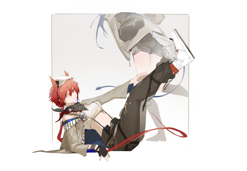 2girls arknights baichuanhaokun bandana bandeau black_pants black_shorts breasts fiammetta_(arknights) grey_background grey_jacket head_out_of_frame highres jacket looking_at_viewer medium_breasts midriff mostima_(arknights) multiple_girls off_shoulder official_alternate_costume pants pointy_hair reclining red_eyes red_hair shoes short_hair short_shorts shorts single_bare_shoulder sneakers stomach strapless suspenders tube_top white_footwear white_headwear