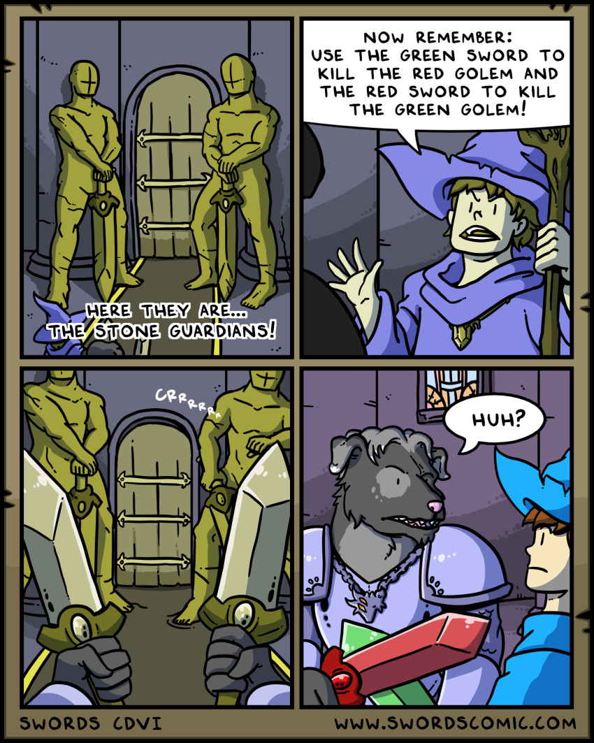 2020 4_panel_comic 5_fingers :| animate_inanimate anthro armor biped brown_hair canid canine canis cel_shading clothing comic confusion countershade_fur countershading dialogue digital_drawing_(artwork) digital_media_(artwork) domestic_dog door dot_eyes dual_wielding duo english_text fingers first_person_view floppy_ears fur gesture grey_body grey_fur hair hat headgear headwear hi_res holding_object holding_weapon human humor inside jewelry looking_at_another magic_user male mammal markings melee_weapon mjwills necklace onomatopoeia pauldron pink_nose rug sculpture shaded sharp_teeth short_hair sound_effects speech_bubble spots spotted_markings staff standing statue sword swords_(webcomic) teeth text url warrior waving weapon window wizard_hat