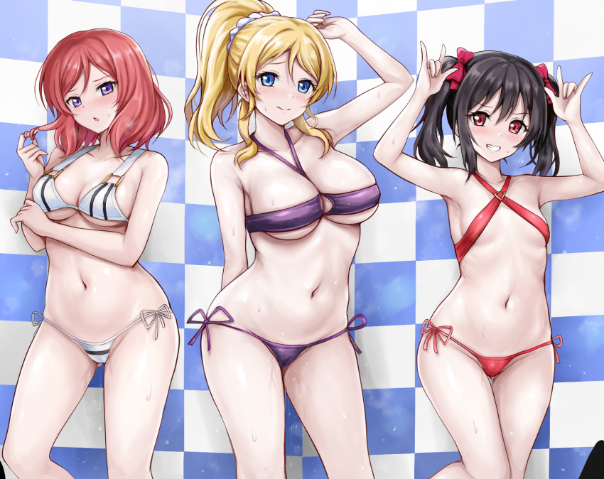 3girls arm_under_breasts arm_up ass_visible_through_thighs ayase_eli bare_arms bare_shoulders bikini black_hair blonde_hair blue_background blue_eyes blush bow breasts breath cameltoe checkered_background cleavage closed_mouth collarbone commentary_request cutie_panther double_w flat_chest grin hair_bow hair_twirling hand_up highres large_breasts long_hair looking_at_viewer love_live! love_live!_school_idol_project medium_breasts medium_hair micro_bikini multiple_girls navel nishikino_maki parted_lips playing_with_own_hair ponytail pretzel_bikini purple_bikini purple_eyes r-binon red_bikini red_bow red_eyes red_hair side-tie_bikini_bottom sidelocks smile standing stomach string_bikini striped striped_bikini sweat sweatdrop swimsuit thighs tile_wall tiles twintails w wet white_bikini yazawa_nico