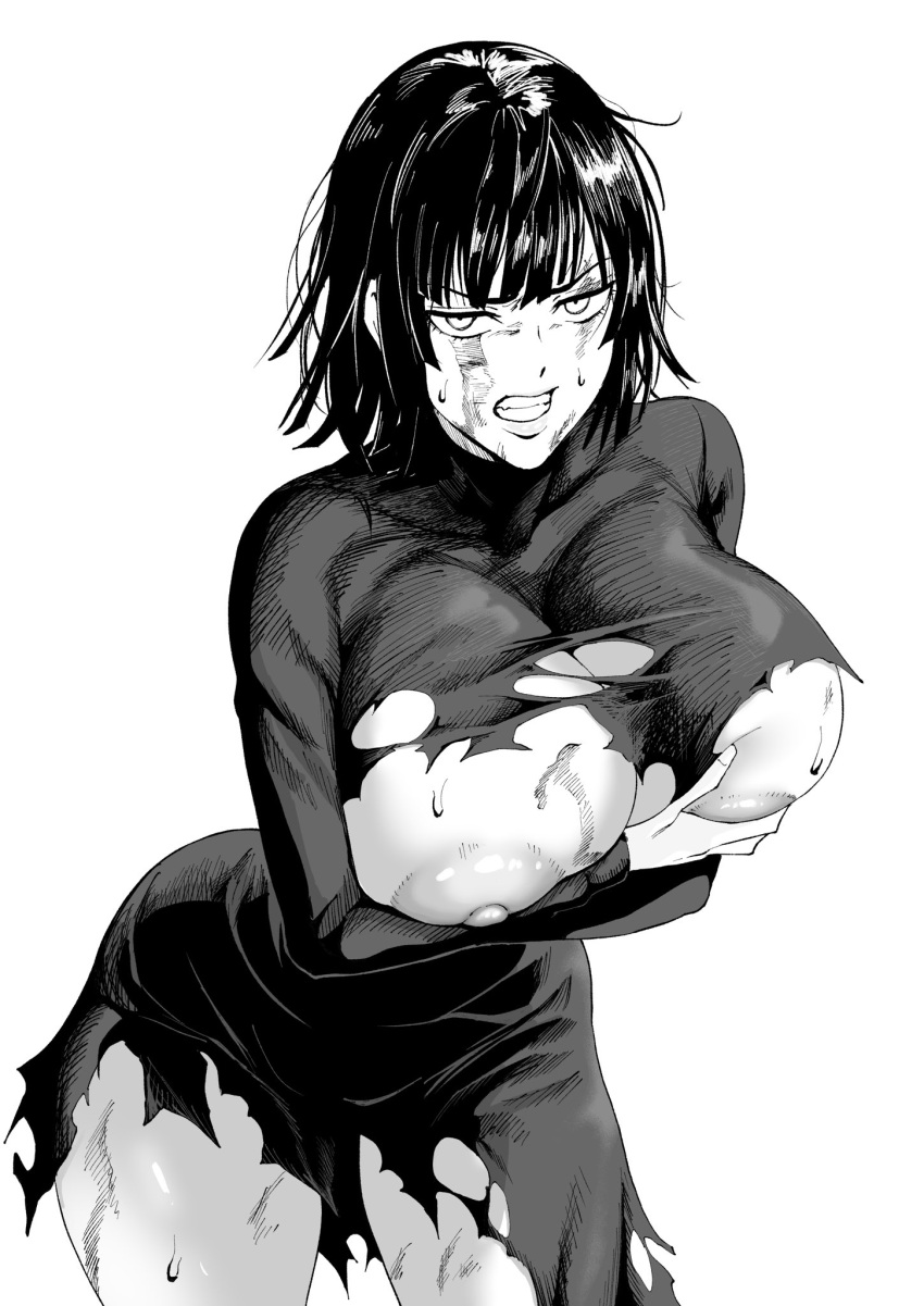 1girl angry clenched_teeth fubuki_(one-punch_man) highres iwao178 lips looking_at_viewer monochrome nipples one-punch_man short_hair simple_background solo sweat teeth thighs torn_clothes