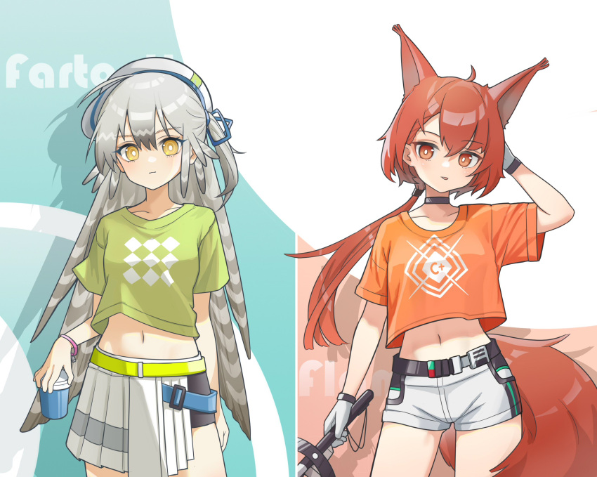 2girls :p ahoge alternate_costume animal_ears arknights black_choker blush breasts bright_pupils character_name choker cowboy_shot cropped_shirt cup drop_shadow extra_ears fartooth_(arknights) feather_hair flametail_(arknights) flametail_(sport_for_all)_(arknights) gloves green_shirt grey_hair hair_between_eyes hand_up hat highres holding holding_cup holding_sword holding_weapon jiuyu_qame long_hair looking_at_viewer midriff multiple_girls navel official_alternate_costume one_side_up orange_eyes orange_hair orange_shirt ponytail shirt short_sleeves shorts simple_background skirt small_breasts squirrel_ears squirrel_girl squirrel_tail sword t-shirt tail tongue tongue_out weapon white_background white_gloves white_headwear white_pupils white_shorts white_skirt yellow_eyes