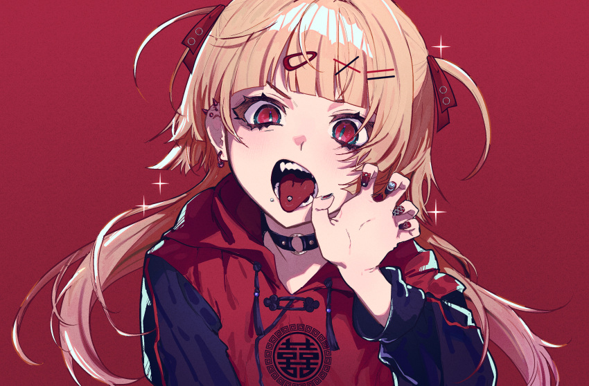 1girl absurdres blonde_hair choker claw_pose drawstring ear_piercing hair_ornament hair_ribbon hairclip hand_up highres hood hoodie light_blush long_hair long_sleeves looking_at_viewer nikubou_maranoshin o-ring o-ring_choker open_mouth original piercing red_background red_eyes red_hoodie red_nails red_theme ribbon sidelocks slit_pupils solo tongue tongue_out tongue_piercing upper_body