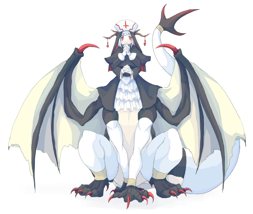 2021 4_arms black_clothing blush claws clothing cross dragon dragon_taur female furgonomics gloves handwear hi_res horn inverted_cross legwear looking_at_viewer membrane_(anatomy) membranous_wings multi_arm multi_limb nun nun_habit red_claws red_eyes simple_background sitting solo stockings tail tail_clothing tail_stocking taur white_background white_clothing white_gloves white_handwear white_legwear white_stockings whitechip wings