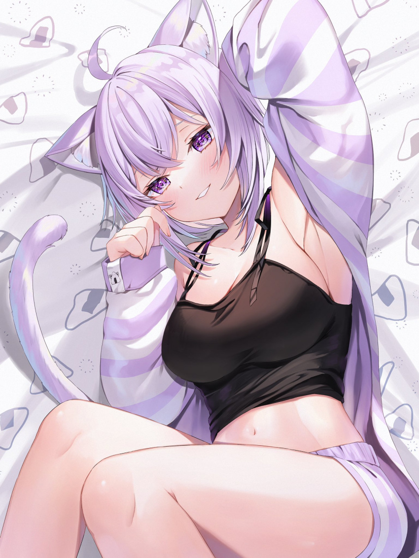 1girl ahoge animal_ear_fluff animal_ears arm_up armpits blush breasts cat_ears cat_girl cat_tail cleavage collarbone highres hololive large_breasts long_sleeves looking_at_viewer lying medium_breasts midriff navel nekomata_okayu onigiri_print purple_eyes purple_hair runlan_0329 shorts smile solo striped tail thighs