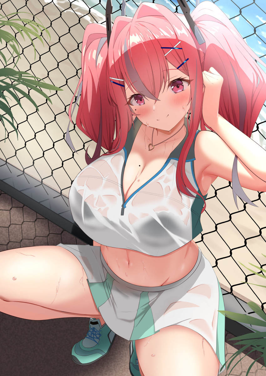 1girl absurdres azur_lane black_bra bra bra_visible_through_clothes breasts bremerton_(azur_lane) bremerton_(scorching-hot_training)_(azur_lane) chain-link_fence cleavage crop_top crop_top_overhang day fence from_above full_body green_skirt heart heart_necklace highres huge_breasts jewelry long_hair mole mole_on_breast mole_under_eye multicolored_hair necklace official_alternate_costume outdoors shirt skirt sleeveless sleeveless_shirt smile solo sportswear streaked_hair tennis_uniform twintails two-tone_shirt two-tone_skirt underwear wet wet_clothes wet_shirt white_shirt white_skirt yumemin_(yumemi5140)