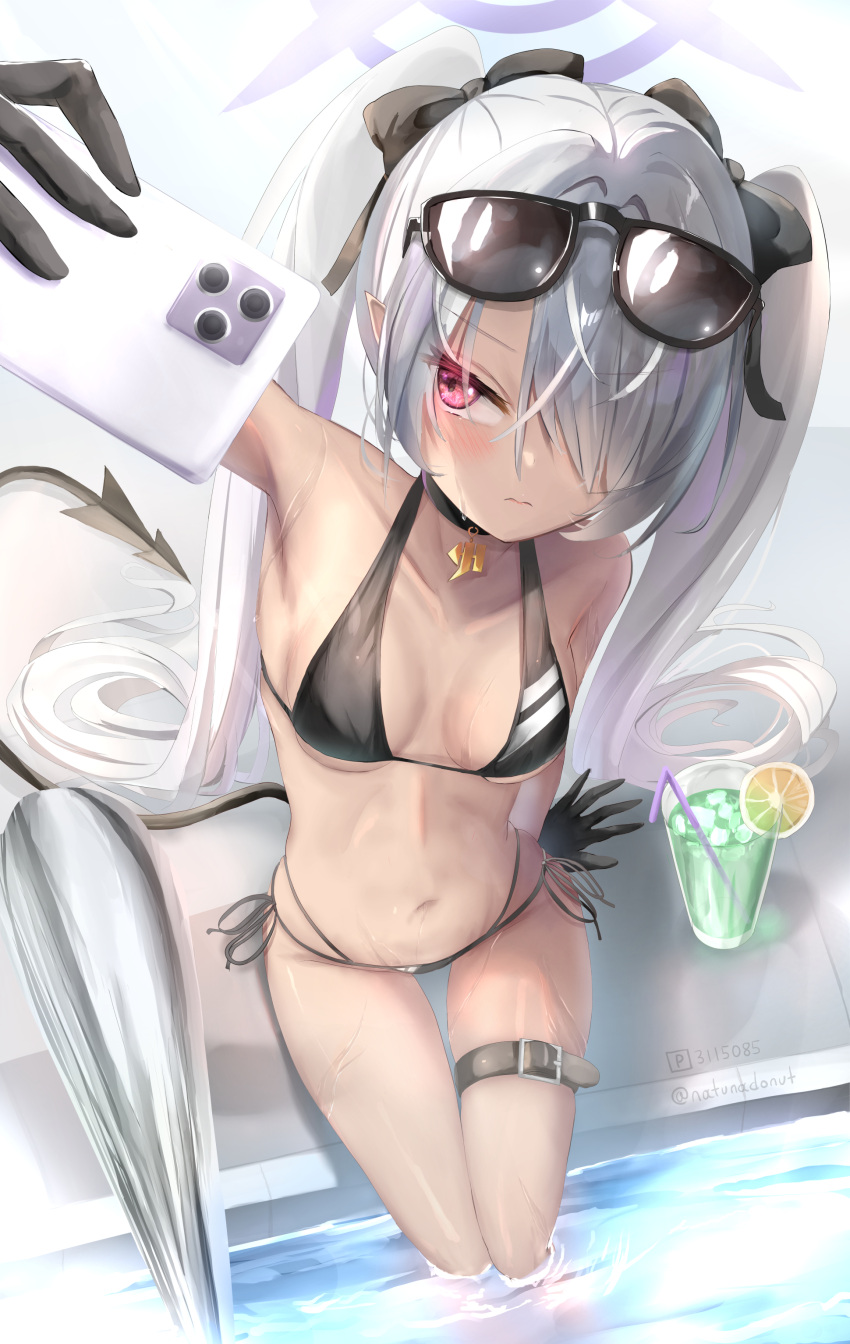 1girl absurdres arm_support arm_up bendy_straw bikini black-framed_eyewear black_bikini black_bow black_gloves blue_archive bow breasts cellphone closed_mouth collarbone commentary_request cup demon_tail drinking_glass drinking_straw eyewear_on_head gloves grey_hair hair_bow hair_over_one_eye highres holding holding_phone ice ice_cube iori_(blue_archive) iori_(swimsuit)_(blue_archive) long_hair natuna_natu navel official_alternate_costume phone pointy_ears pool poolside purple_eyes selfie side-tie_bikini_bottom sideboob sitting small_breasts soaking_feet solo stomach sunglasses swimsuit tail twintails underboob very_long_hair water wavy_mouth