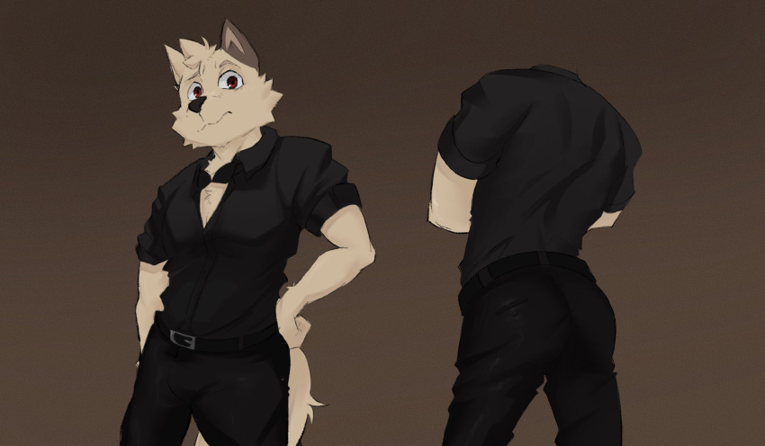 anthro belt bottomwear bow_tie butt canid canine canis clothing dress_shirt hair hi_res male mammal muscular pants red_eyes rygel_spkb sebastien_(rygel_spkb) shirt simple_background solo standing topwear white_body wolf