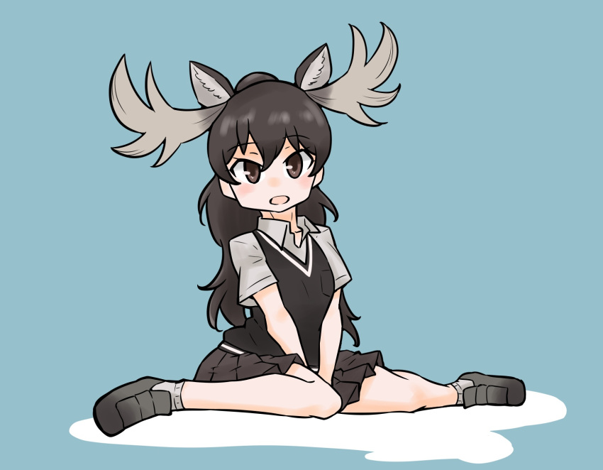 adapted_costume alternate_hairstyle animal_ears antlers blush brown_eyes brown_footwear brown_skirt brown_vest collared_shirt extra_ears gravi_pig4891 hair_between_eyes hands_on_lap highres kemono_friends loafers looking_at_viewer moose_(kemono_friends) moose_ears moose_girl open_mouth pleated_skirt ponytail shirt shoes short_sleeves sidelocks sitting skirt socks vest white_shirt white_socks