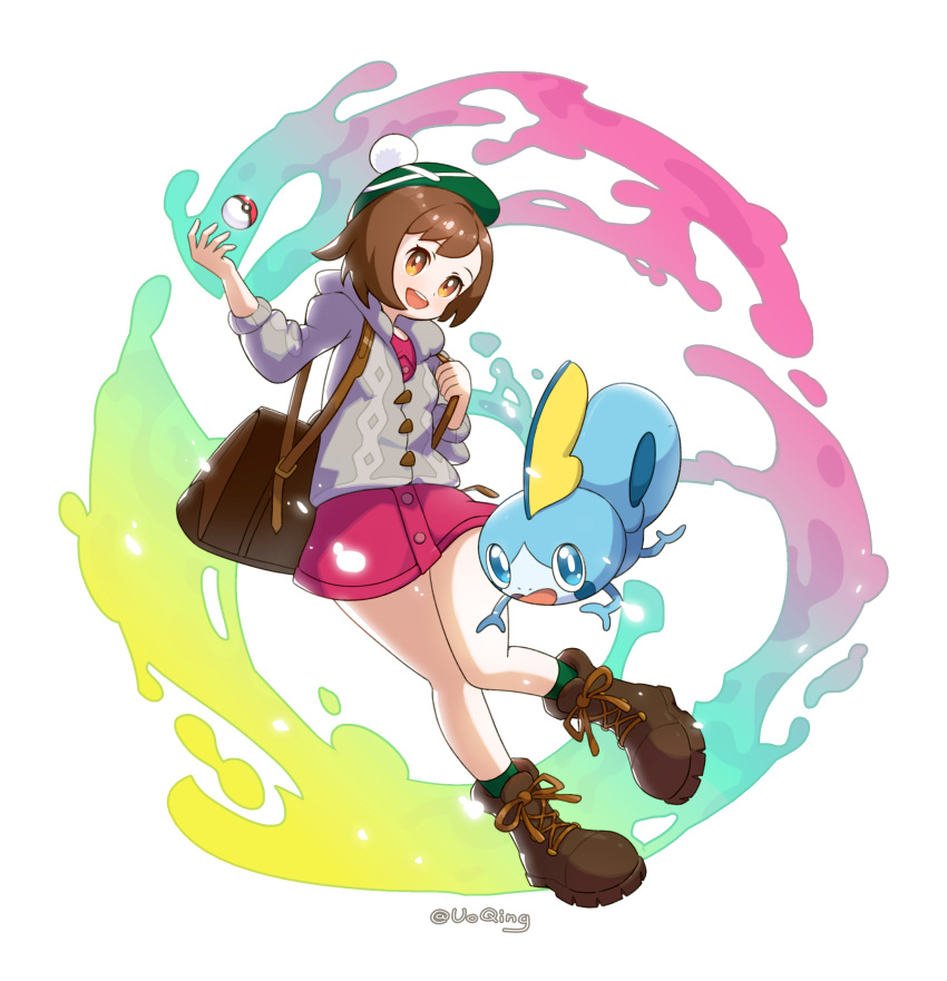 1girl :d absurdres backpack bag bob_cut boots brown_bag brown_eyes brown_footwear brown_hair buttons cable_knit cardigan collared_dress commentary dress gloria_(pokemon) green_headwear green_socks grey_cardigan happy hat highres holding_strap hooded_cardigan open_mouth pink_dress poke_ball poke_ball_(basic) pokemon pokemon_(creature) pokemon_swsh qinguo short_hair smile sobble socks tam_o'_shanter white_background