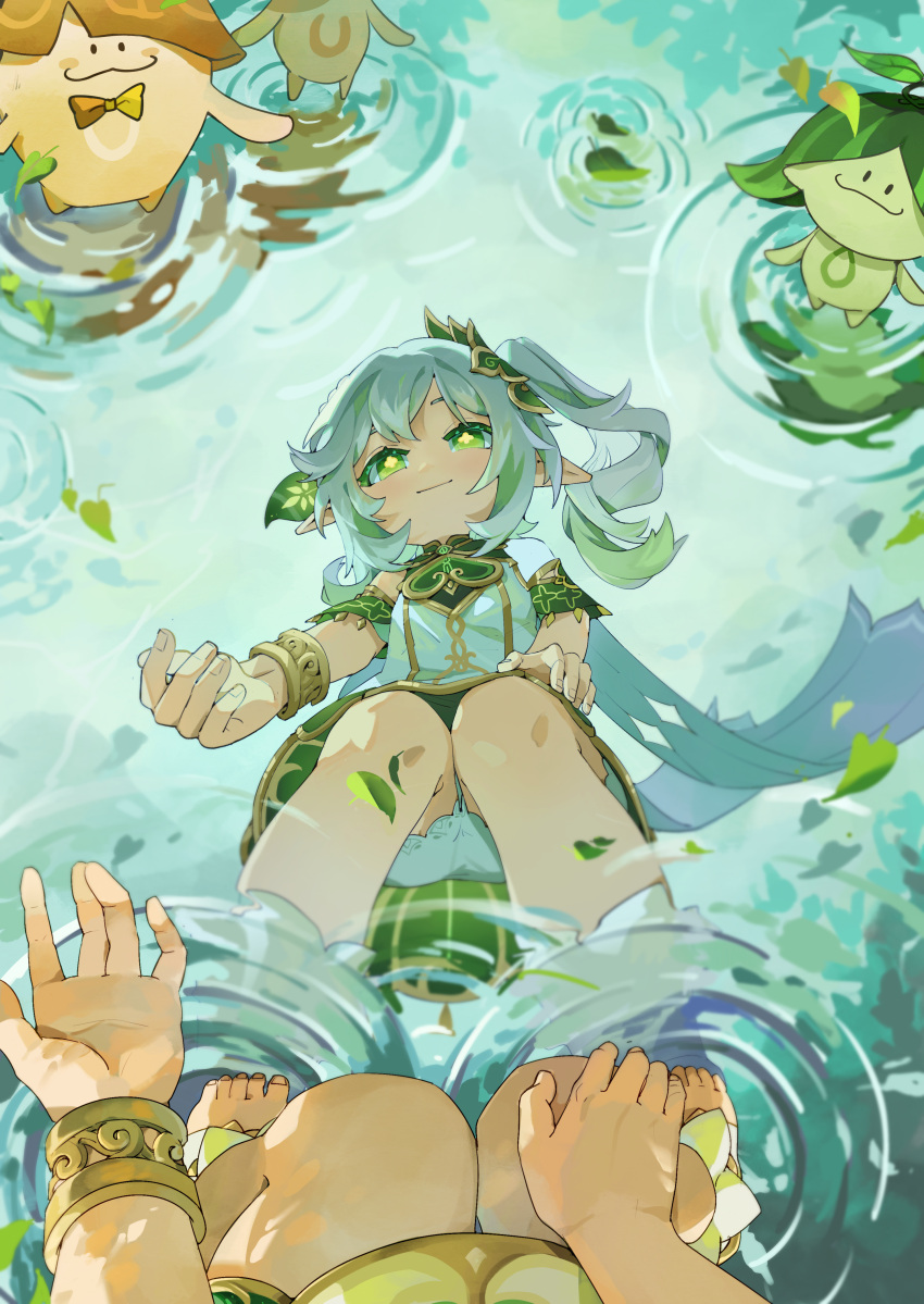 +_+ 1girl absurdres aranara_(genshin_impact) asymmetrical_hair barefoot bloomers bow bowtie bracelet bright_pupils collared_dress creature cross-shaped_pupils day detached_sleeves dress female_pov from_above genshin_impact green_eyes green_hair grey_hair hair_ornament highres jewelry knees_together_feet_apart leaf leaf_hair_ornament looking_down medium_hair metal_bracelet multicolored_hair nahida_(genshin_impact) outdoors outstretched_arm pointy_ears pov reflection reflective_water ripples side_ponytail smile solo_focus squatting standing standing_on_liquid streaked_hair symbol-shaped_pupils tuanzi610 two-tone_hair underwear upskirt water white_dress yellow_bow yellow_bowtie