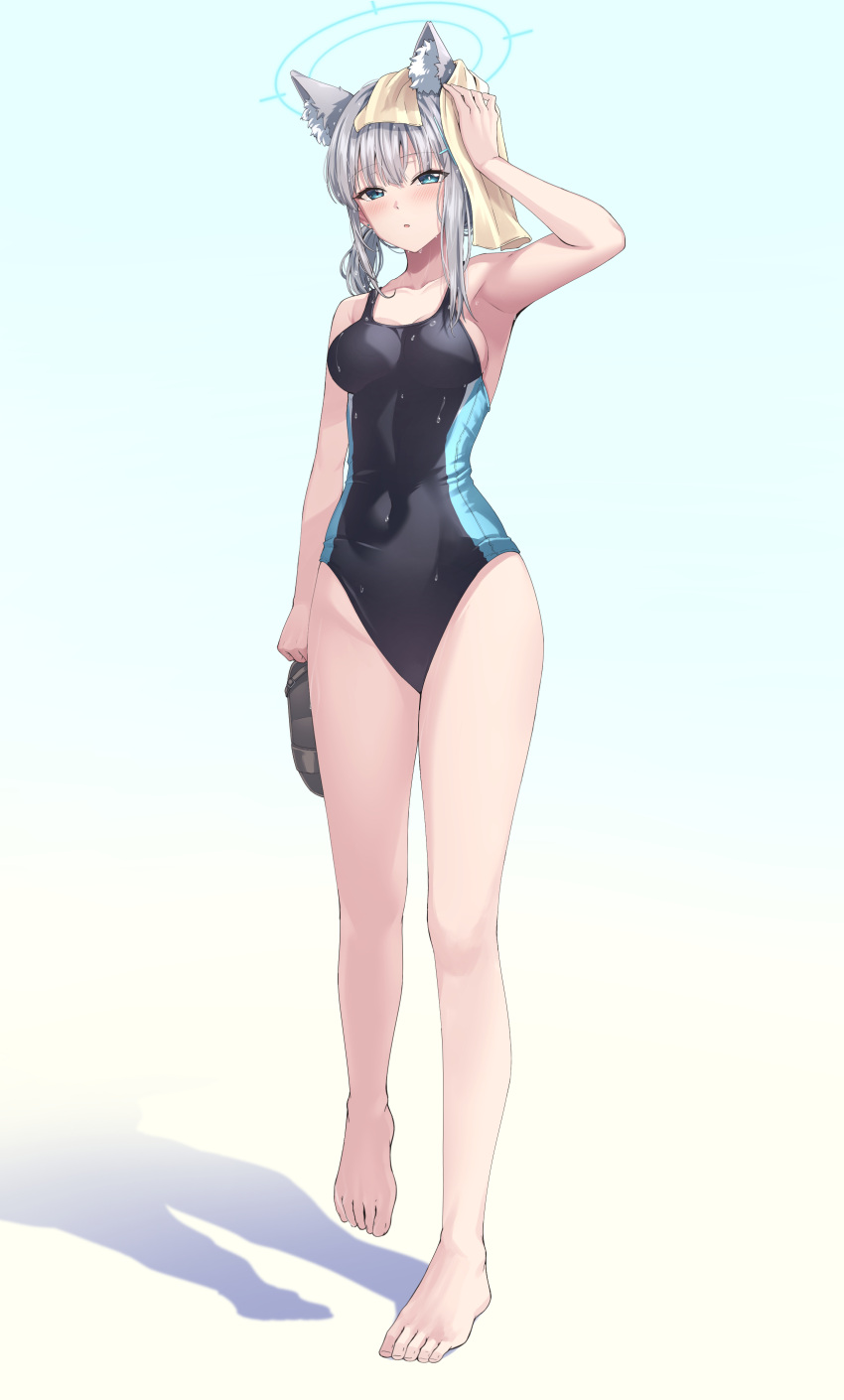 1girl absurdres animal_ear_fluff animal_ears arm_at_side arm_up armpits bare_arms bare_legs bare_shoulders barefoot black_one-piece_swimsuit blue_archive blue_background blue_eyes blue_halo blue_one-piece_swimsuit blush breasts collarbone commentary competition_swimsuit covered_navel cross_hair_ornament drying drying_hair earrings extra_ears full_body gradient_background grey_hair hair_ornament halo hand_on_own_head highres holding holding_clothes holding_footwear holding_towel jewelry looking_at_viewer low_ponytail medium_breasts medium_hair mismatched_pupils official_alternate_costume one-piece_swimsuit parted_lips ptal sandals sandals_removed shadow shiroko_(blue_archive) shiroko_(swimsuit)_(blue_archive) side_ponytail solo standing standing_on_one_leg stud_earrings swimsuit towel two-tone_swimsuit wet wet_hair wolf_ears yellow_background